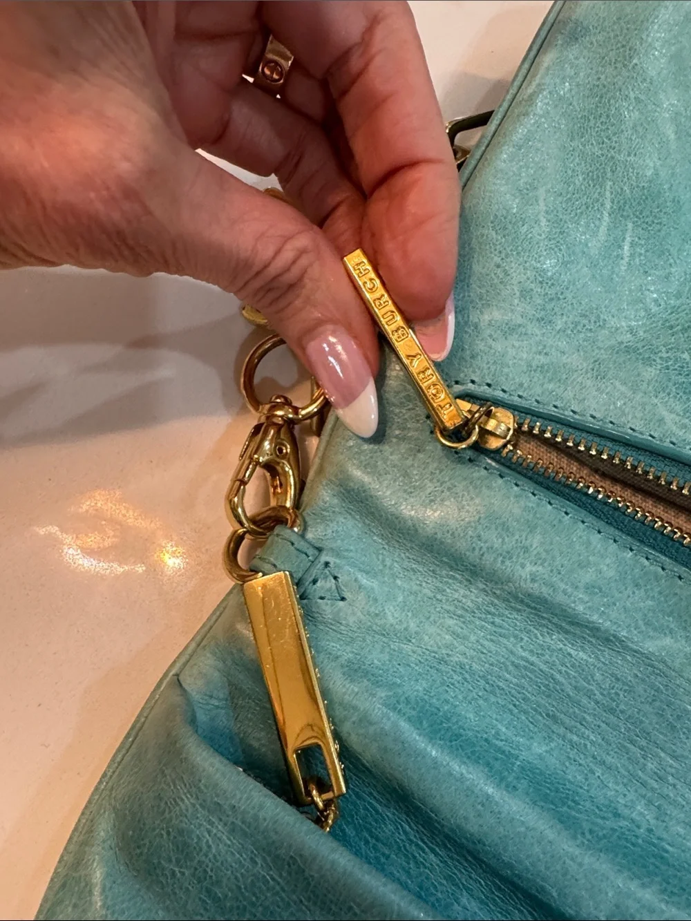 Tory Burch Teal Leather Logo Clutch with Gold Chain Strap